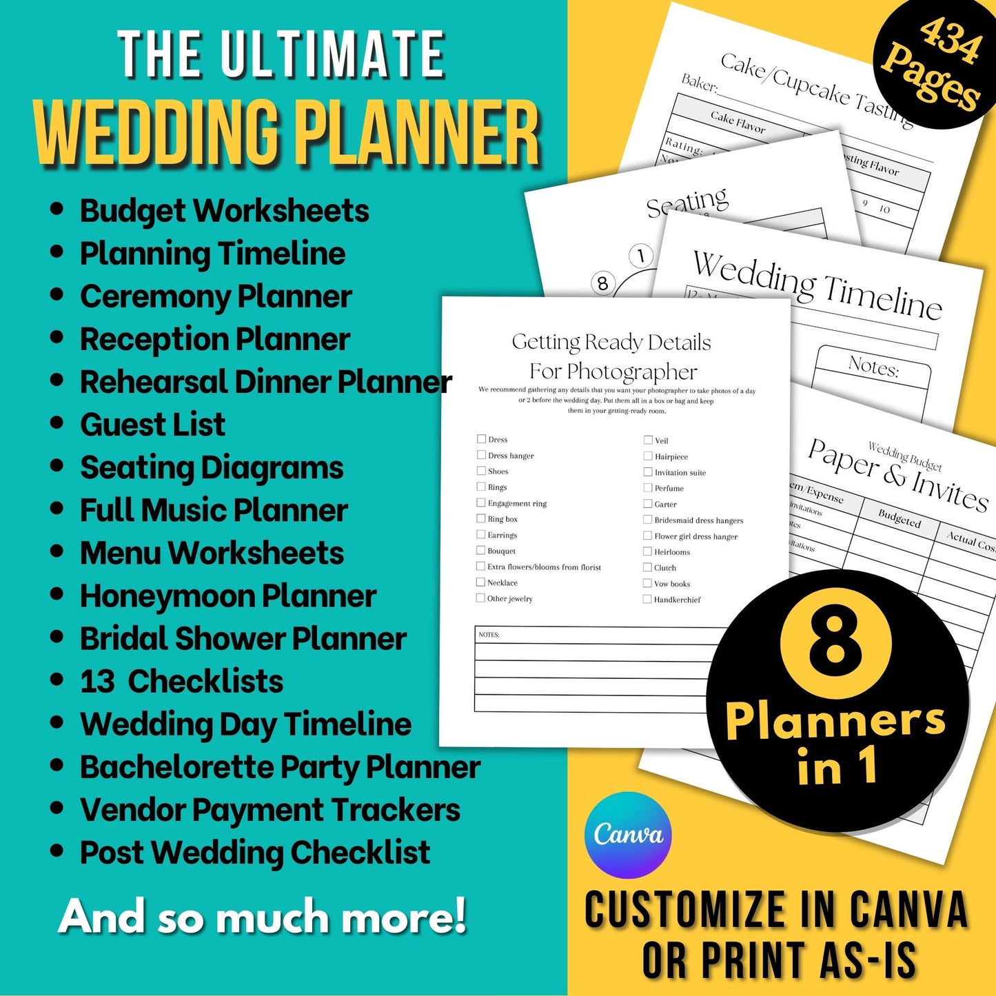 Ultimate Printable Wedding Planner (8 Planner in 1) - Edit In Canva