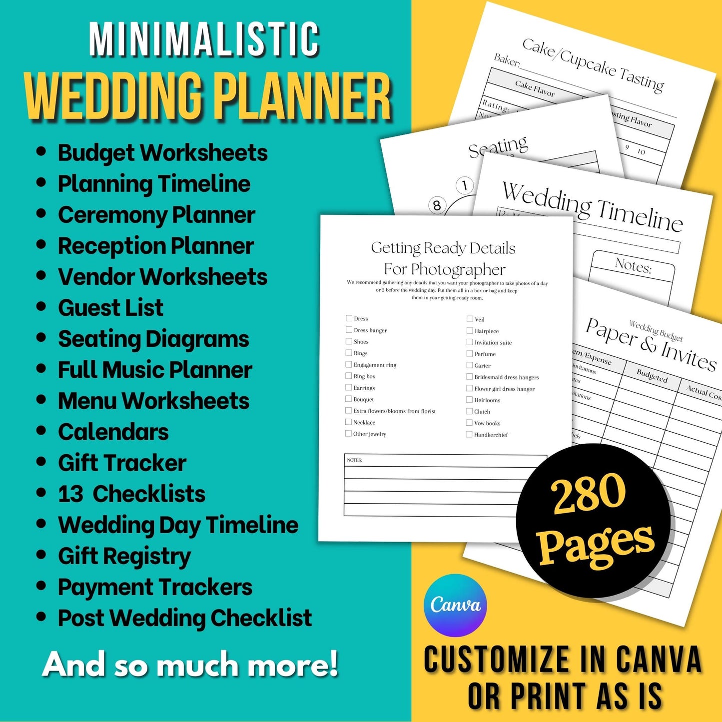 Minimalistic Printable Wedding Planner - Edit in Canva