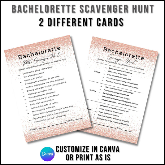 Bachelorette Party Scavenger Hunt Game Cards (Rose Gold Glitter)