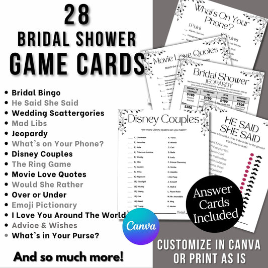 28 Bridal Shower Games Cards (Printable) Black Floral Design