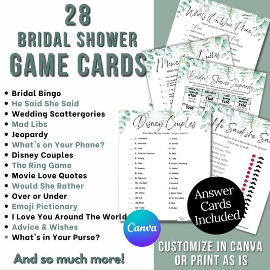 28 Bridal Shower Game Cards (Printable) Green Floral