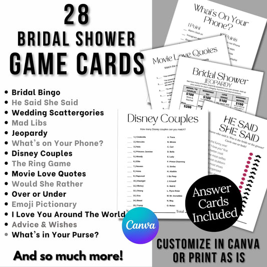 28 Bridal Shower Game Cards (Printable) Minimalistic